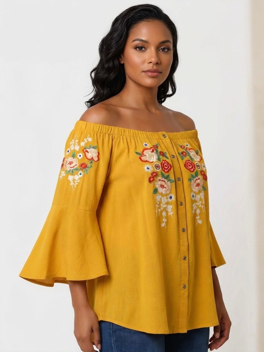 Umgee Mustard Yellow Off Shoulder Embroidered Boho Top Size L, Bell Sleeve Shirt